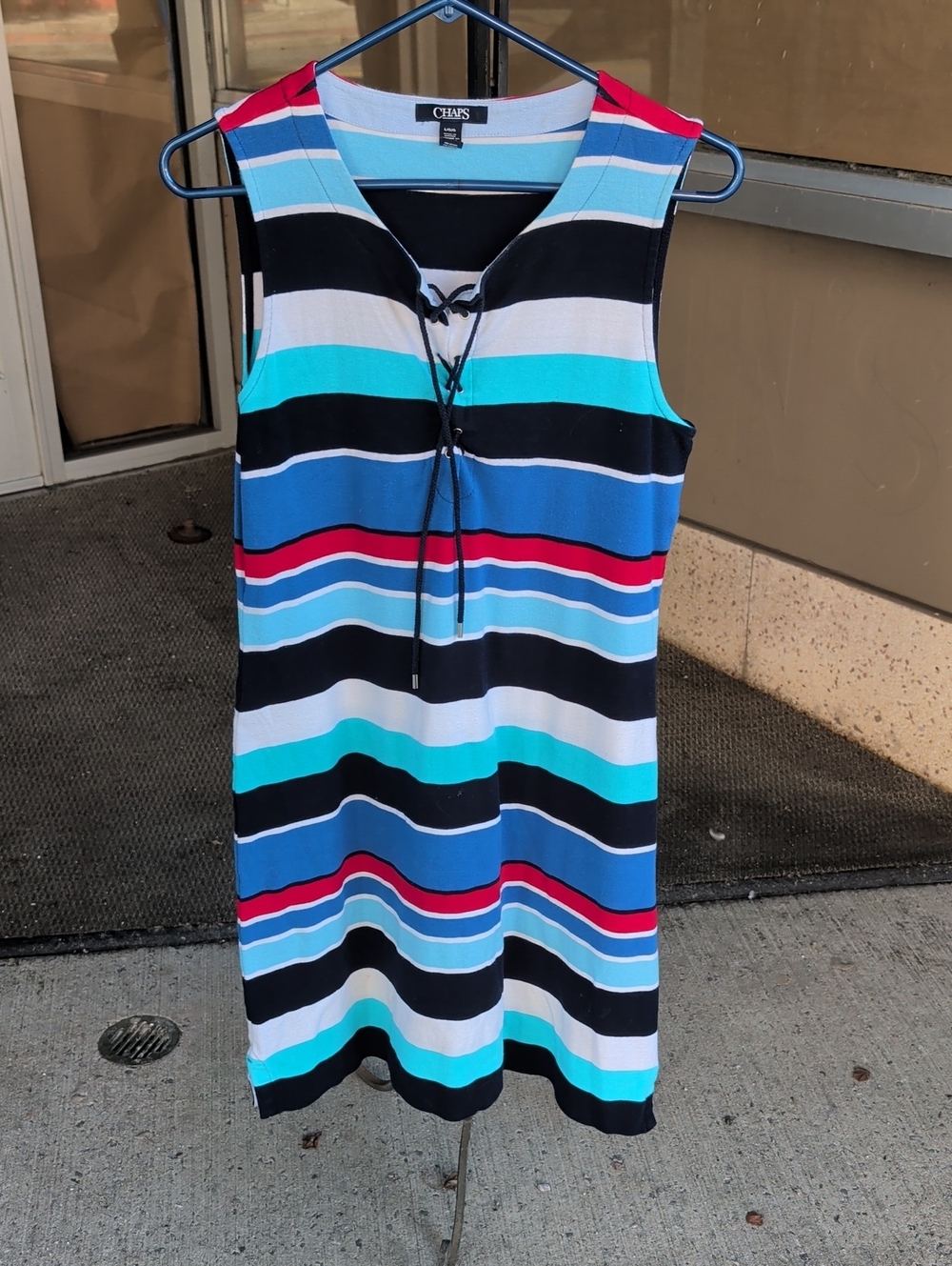 Chaps Sleeveless Lace-Up Striped Midi Dress in Black, Blue & Red